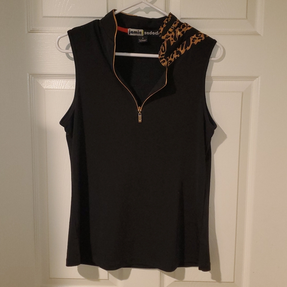 Unique Vintage Jamie Sadock Black Sleeveless Top with Cheetah + Gold Accents